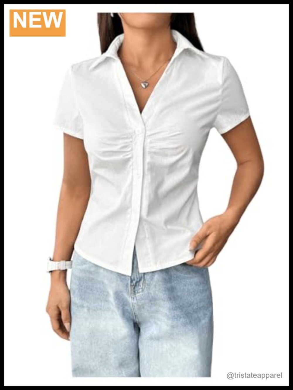 Ruched Button Up Blouse Short Sleeve Collared Fit Shirt Polyester